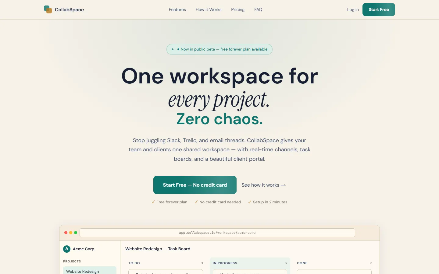 CollabSpace landing page: “One workspace for every project” above a task board preview