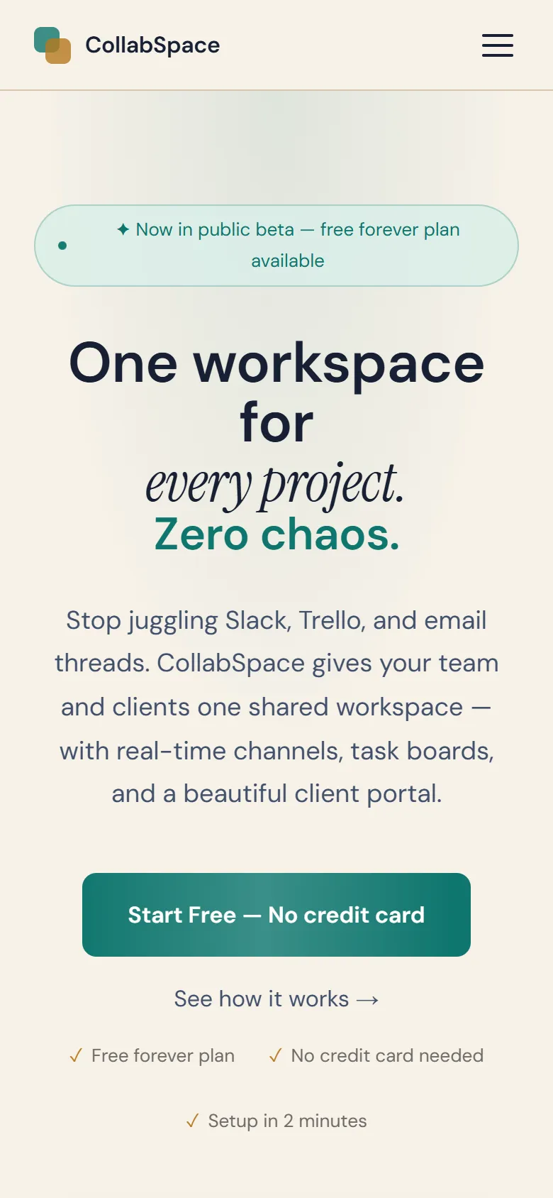 CollabSpace landing page on a phone