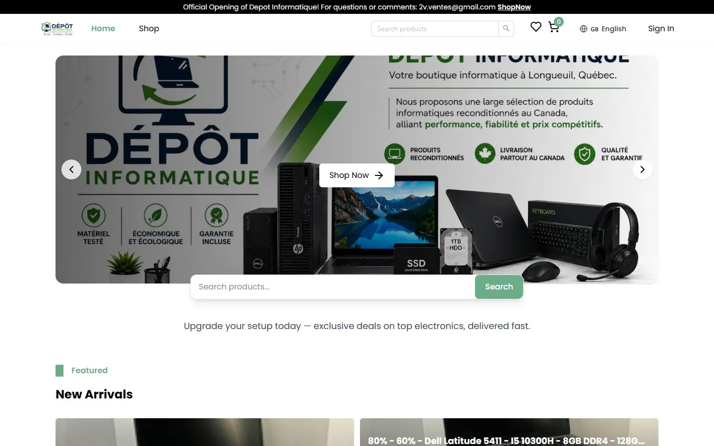 Depot Informatique home page with the store banner, product search and new arrivals