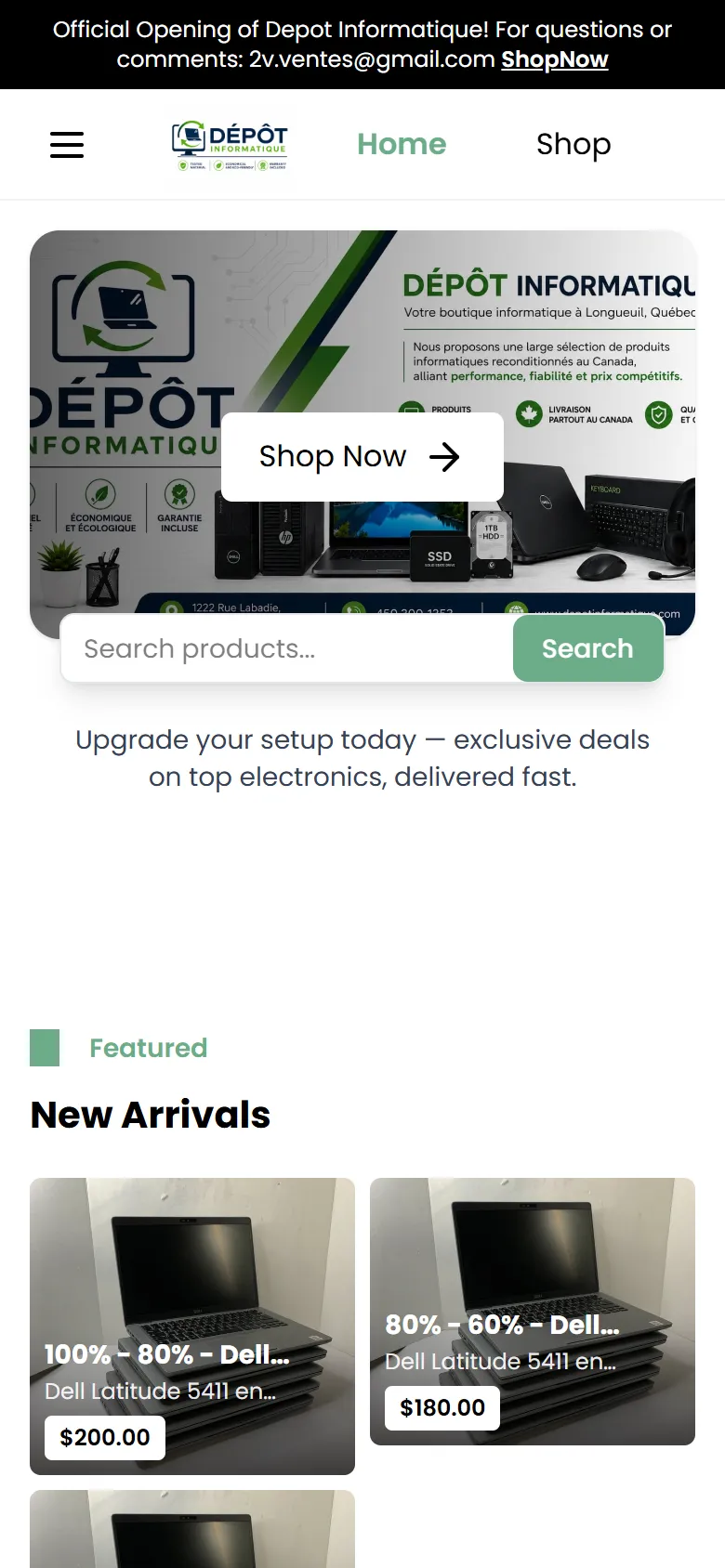 Depot Informatique on a phone, showing the banner, search bar and product cards with prices