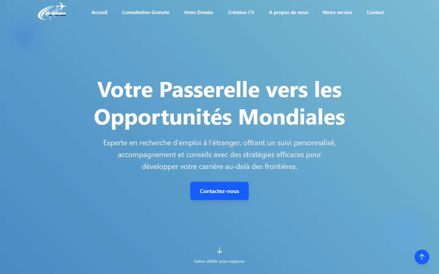 Oriventa Pro Services home page: “Votre passerelle vers les opportunités mondiales” with a contact button