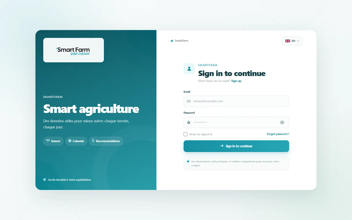 SmartFarm sign-in page: “Smart agriculture” with sensors, calendar and recommendations