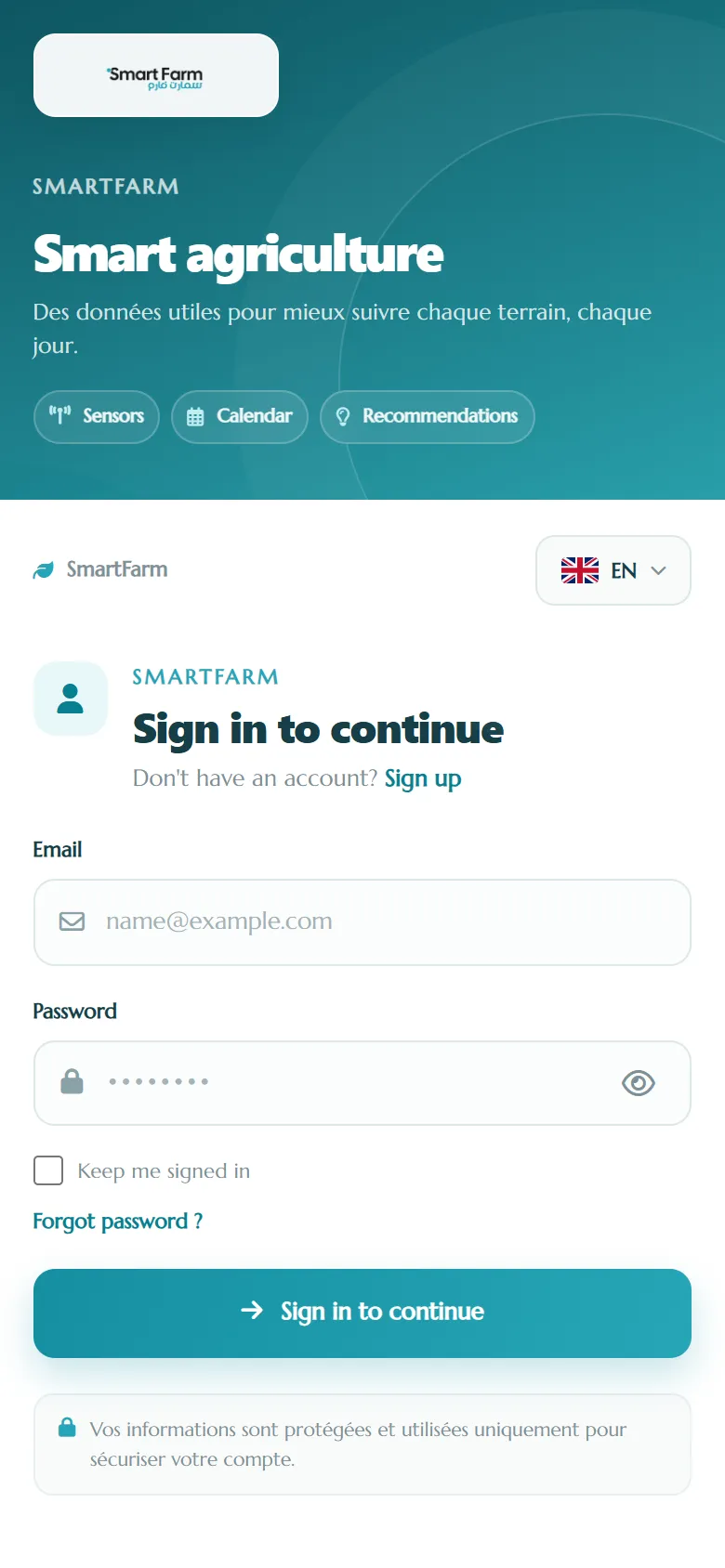SmartFarm sign-in page on a phone